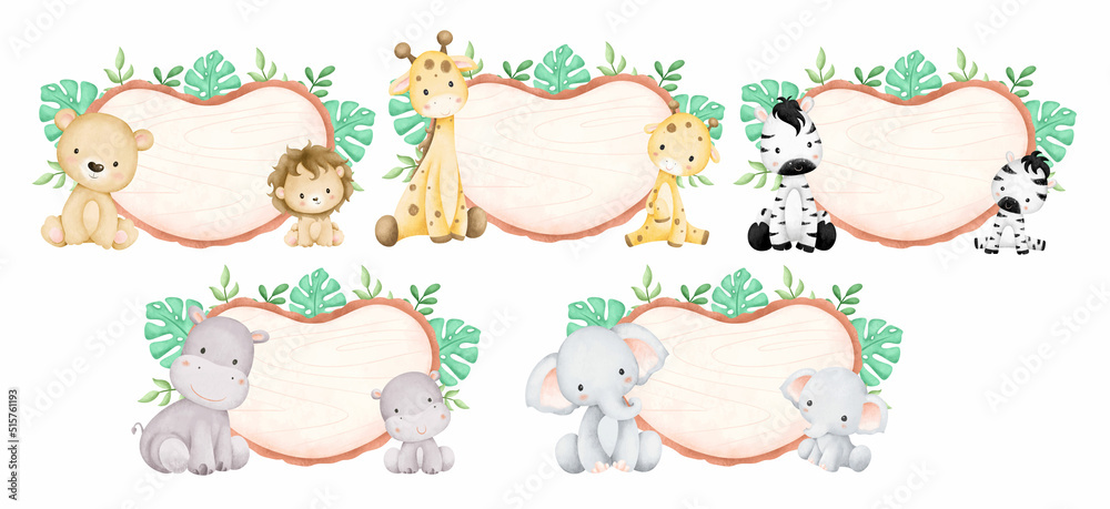 Watercolor Illustration set of safari animals and wooden board  - obrazy, fototapety, plakaty 