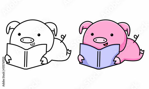 Cute pig reading a book coloring page for kids