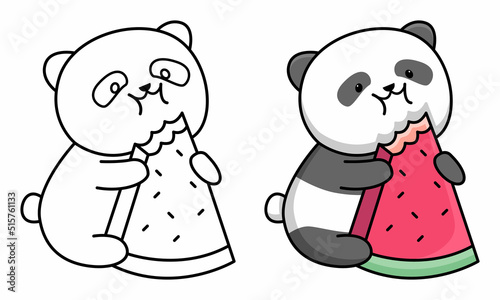 Cute panda eating watermelon coloring page for kids