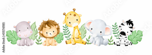Watercolor illustration baby safari animals and tropical leaves 