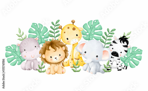 Watercolor illustration baby safari animals and tropical leaves 