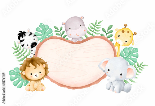 Watercolor illustration baby safari animals and wooden board 
