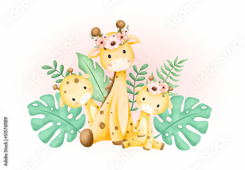 Watercolor illustration giraffe family and tropical leaves