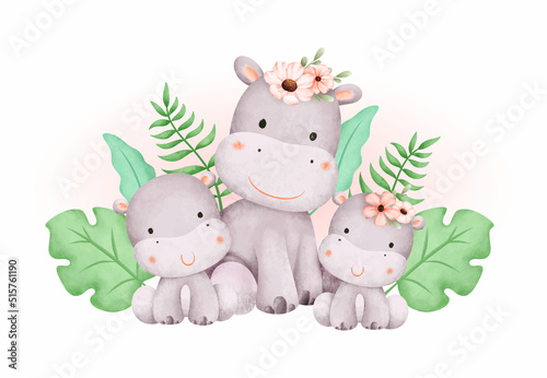 Watercolor illustration hippo family and tropical leaves