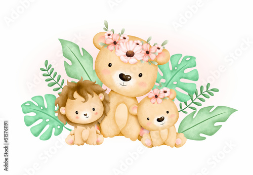 Watercolor illustration lion family and tropical leaves
