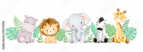 Watercolor illustration safari animals and tropical leaves