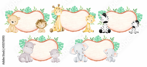 Watercolor Illustration set of safari animals and wooden board 