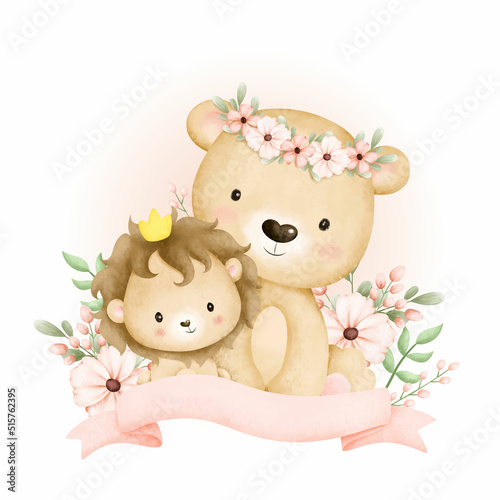 Watercolor mom and baby lion with flowers and ribbon