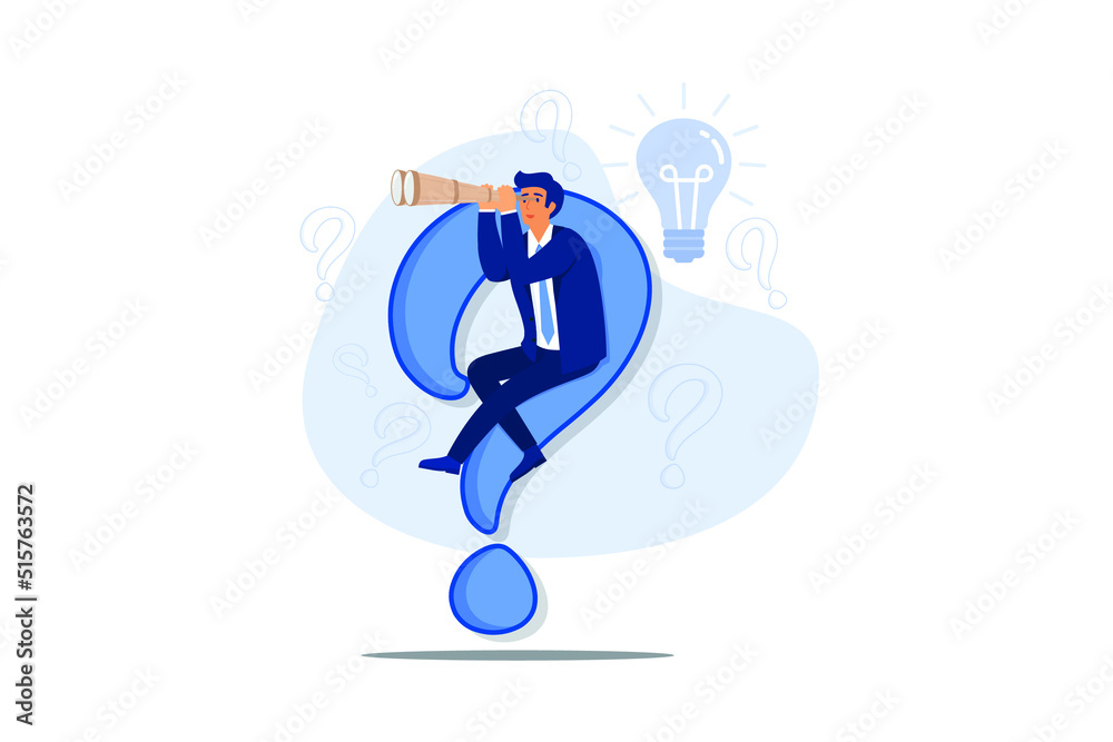 Obraz premium Curiosity explore unknown, curios businessman with huge question mark look through binoculars to search for new business idea. flat design modern illustration