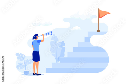 Growth step to success, smart businesswoman looking through telescope for target on top of stairway. flat design modern illustration