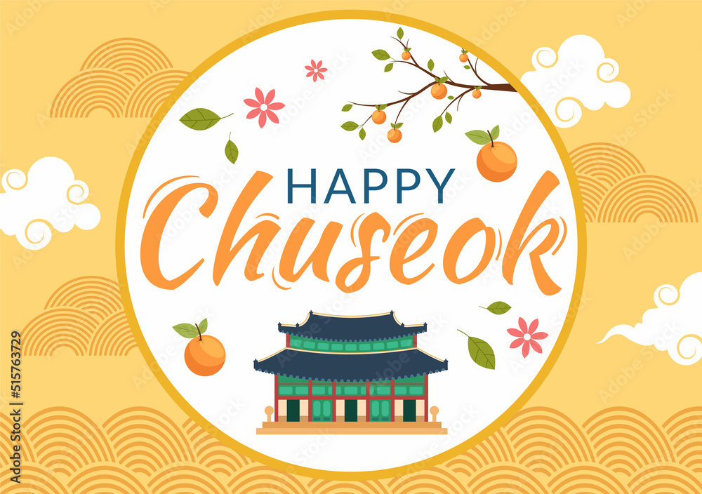 Happy Chuseok Day in Korea for Thanksgiving with Calligraphy Text, Full Moon and Sky Landscape in Flat Cartoon Illustration