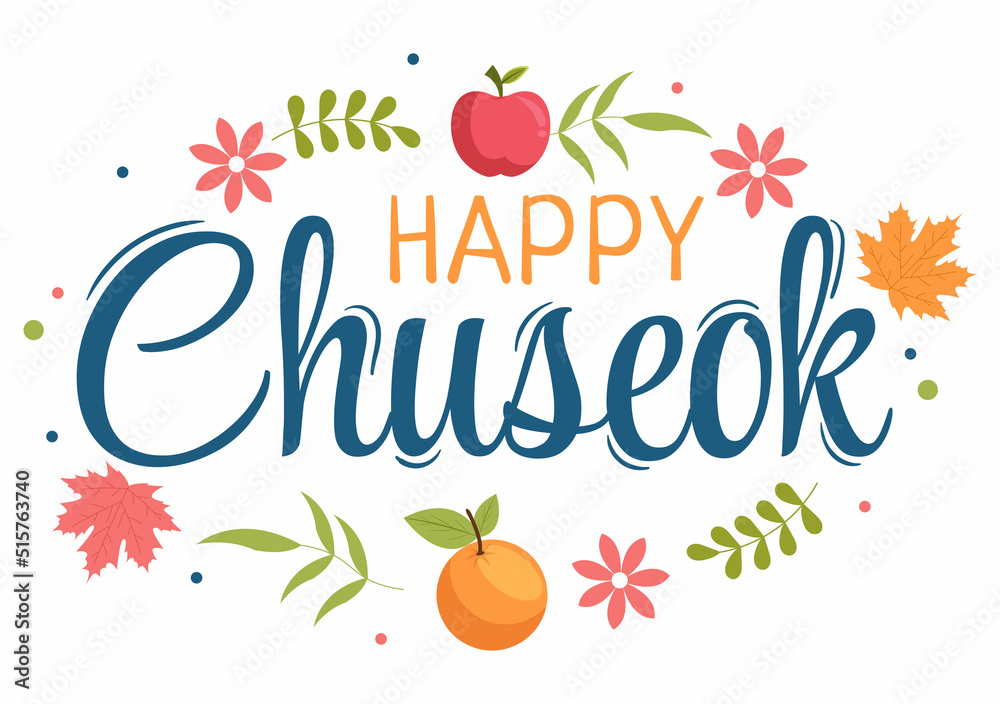 Happy Chuseok Day in Korea for Thanksgiving with Calligraphy Text, Full Moon and Sky Landscape in Flat Cartoon Illustration Happy Chuseok Day in Korea for Thanksgiving with Calligraphy Text, Full Moon and Sky Landscape in Flat Cartoon Illustration
