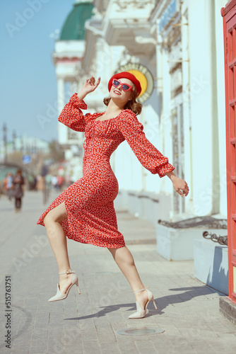 joyful lady in red