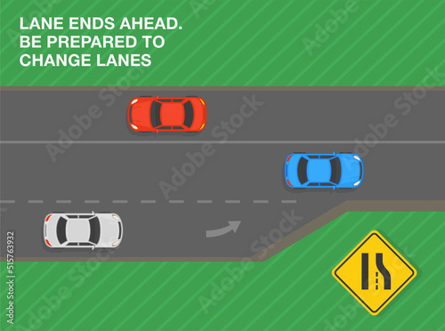 Safe driving tips and traffic regulation rules. Lane ends ahead, be prepared to change lanes. Road sign meaning. Top view of a city road. Flat vector illustration template.