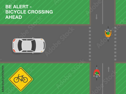 Safe driving tips and traffic regulation rules. Be alert, bicycle crossing ahead. Road sign meaning. Top view of a city road. Flat vector illustration template.