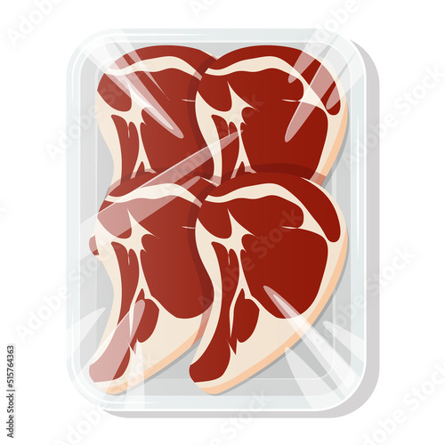 Fresh meat. Steak. A piece of meat in a vacuum pack. Pork and beef in a plastic tray. Vector illustration.
