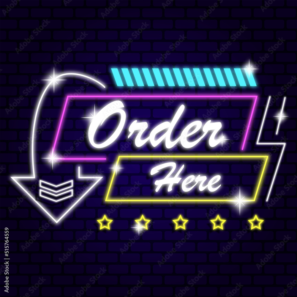order here neon signs style glow effect logo typography lettering background vector illustration