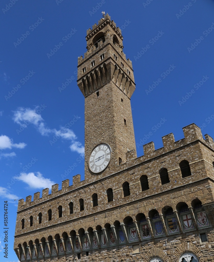 Clock tower of the building called Palazzo Vecchio in the city of Florence in the region of Tuscany in Italy