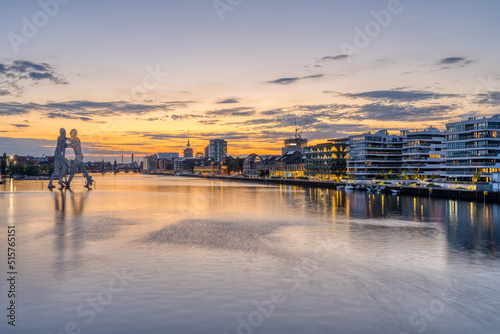 Sunset at he river Spree in Berlin with the famous TV Tower in the distance