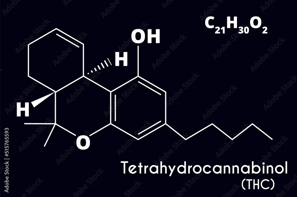 Тetrahydrocanabinol molecule (THC) isolated on black background. Recreational drug. Vector illustration. Тetrahydrocanabinol molecule (THC) isolated on black background. Recreational drug. Vector illustration.