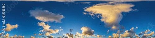 Dark blue sunset sky panorama with Cumulus clouds. Seamless hdr pano in spherical equirectangular format. Complete zenith for 3D visualization, game and sky replacement for aerial drone 360 panoramas.