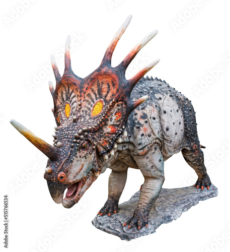 Styracosaurus is a genus of herbivorous ceratopsian dinosaur from the Cretaceous Period (Campanian stage), Styracosaurus isolated on white background with clipping path © Around Ball