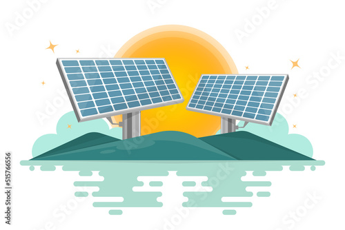 Solar cell system with nature elements design, Digital marketing illustration.