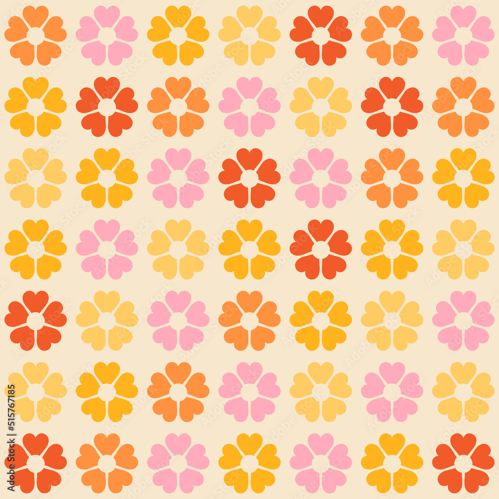 Colorful retro background. Geometric abstract seamless pattern . Vintage stylised flowers, placement by grid. Cheerful floral surface design print in old school 60s, 70s