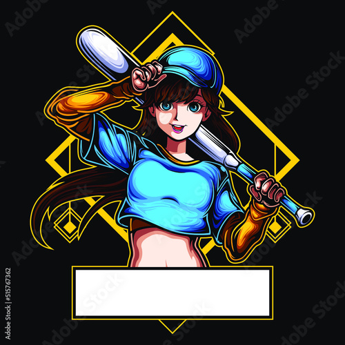 logo esport character smile expression with cap and stick baseball. logo vector character girl for gaming. theme blue yellow costume character. Logo gaming for team squad.