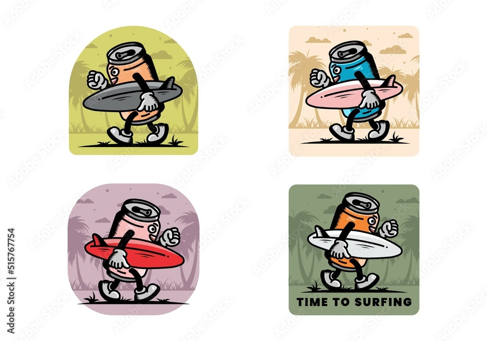 illustration of a drink can holding a surfboard