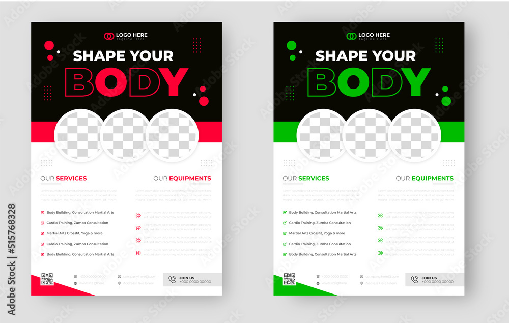 Naklejka premium Fitness gym flyer template with black, red and green color, gym, Workout, fitness and Sports flyer. fitness gym business flyer design with unique shape.