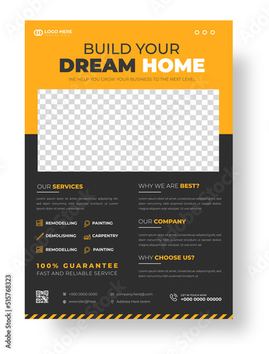 Construction Business Flyer Template with yellow color, Corporate construction tools flyer design,  home improvement flyer template, home repair flyer.