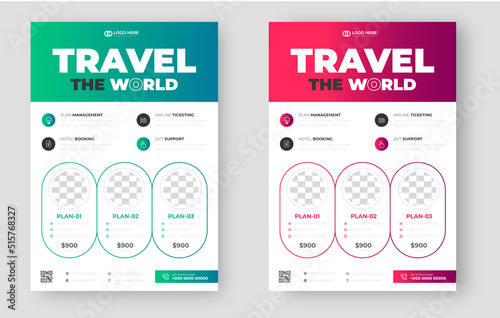 Tour and Travel flyer. tour and travel flyer design Template with green and red color.  Flyer design for Tour and Travel Business concept. travel the world flyer with unique shape.