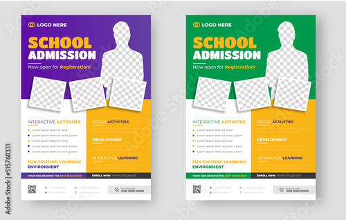 School admission flyer design. back to school flyer design set. Back to school admission promotion flyer. school admission business flyer template with green, purple and yellow color.