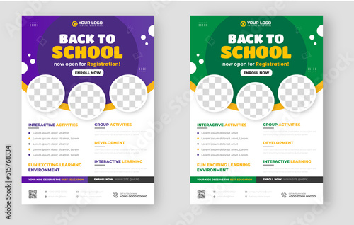 School admission flyer design. back to school flyer design set. Back to school admission promotion flyer. school admission business flyer template with green, purple and yellow color.