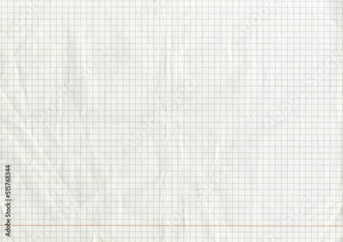 High resolution large image of white uncoated checkered graph paper scan wrinkled weathered thin textbook paper one red line and gray checkers copy space text for presentation high quality wallpaper