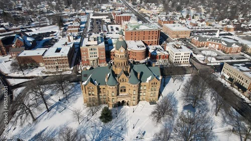 Aerial drone view of Trumbull County Courthouse,Warren, Ohio. Trumbull County Court House in the winter. Richardson romanesque architecture photo