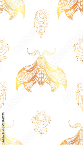 Fotografie, Obraz Vector seamless luxury pattern with drawing night butterfly with boho decoration and celestial amulets