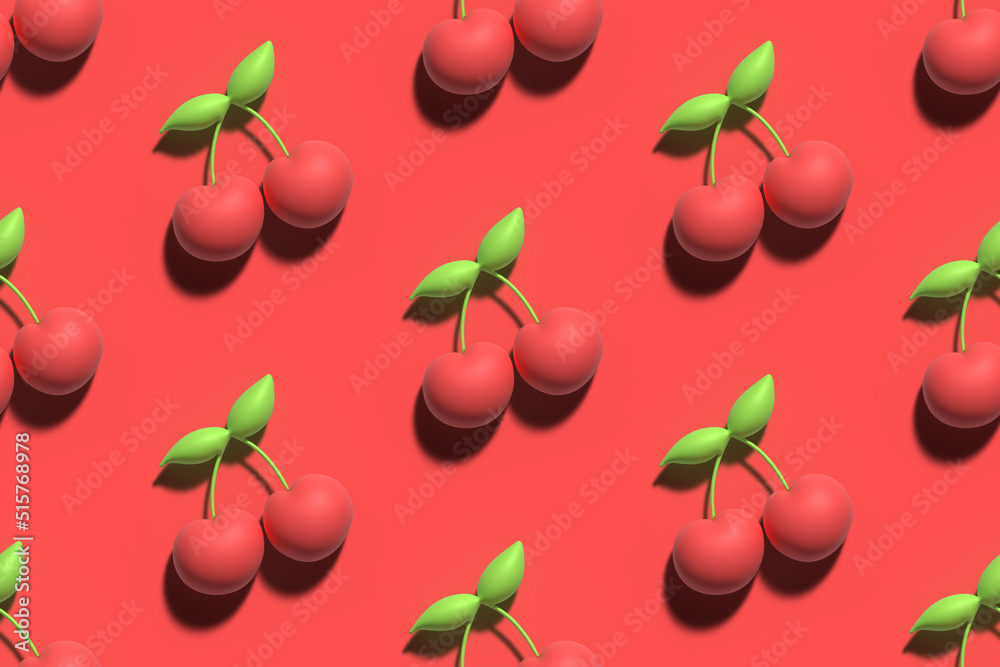 Cute soft cartoon style red cherry 3D rendering seamless pattern background for food and nature design. Cute soft cartoon style red cherry 3D rendering seamless pattern background for food and nature design.