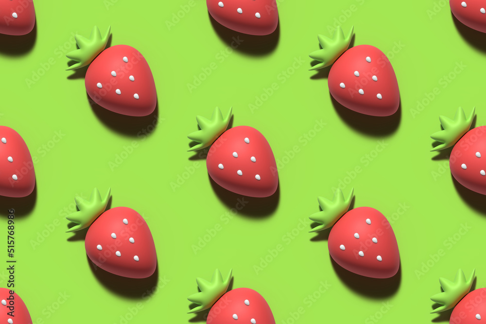 Neon green 3D rendering seamless pattern background with red strawberry for food and nature design.
