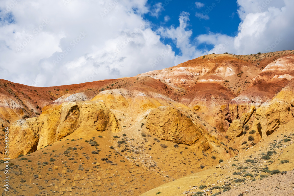 Colorful hills in Altai Republic, named Mars 1. Nature environment background. Natural colored texture of sandstone Martian landscape in Altai Mountains.