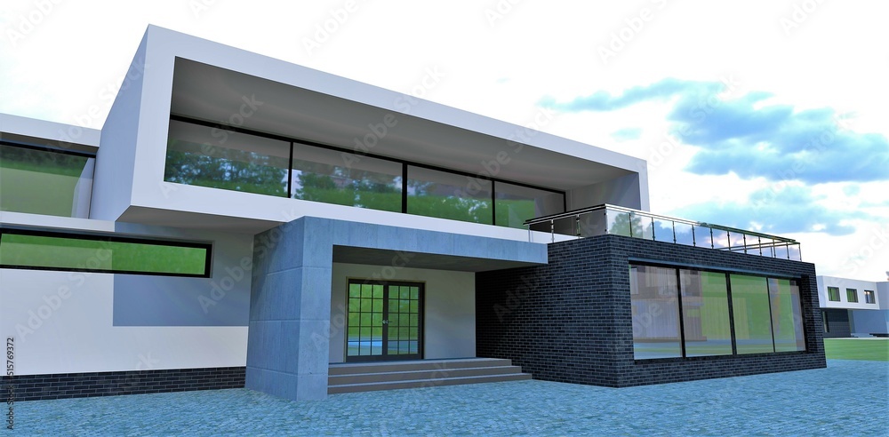 Entrance to a new advanced country house. Popular now high-tech style. Elongated rectangular shapes. 3d render. A good idea for expensive real estate designers. Entrance to a new advanced country house. Popular now high-tech style. Elongated rectangular shapes. 3d render. A good idea for expensive real estate designers.
