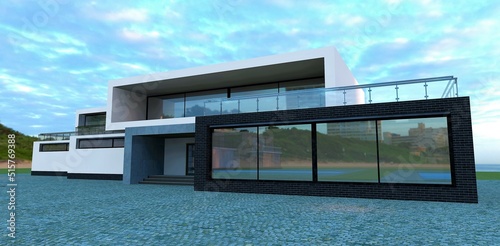 Cloudy morning. Luxury country house high-tech style. The windows reflect neighboring buildings. 3d render.