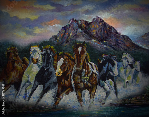  Art painting Fine art Oil color running   eight horses  Lucky from Thailand , pony   © Kwang Gallery