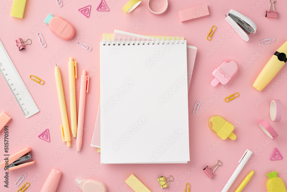 Back to school concept. Top view photo of notepads pens ice cream shaped sharpeners ruler staplers clips adhesive tape markers and pineapple shaped erasers on isolated pink background with copyspace Back to school concept. Top view photo of notepads pens ice cream shaped sharpeners ruler staplers clips adhesive tape markers and pineapple shaped erasers on isolated pink background with copyspace