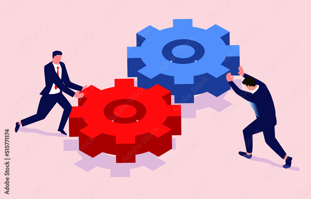 Isometric two businessmen pushing two secondary wheels to turn each other, concept of teamwork Isometric two businessmen pushing two secondary wheels to turn each other, concept of teamwork