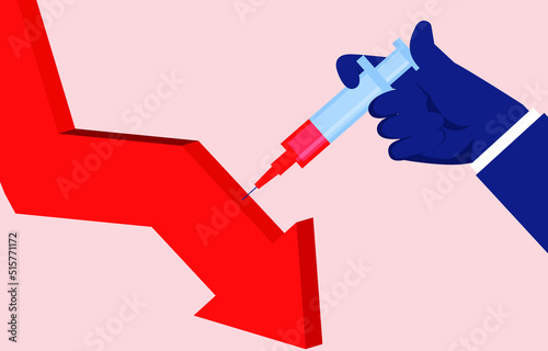 Cardiotonic, hand holding a syringe to inject medicine into a falling arrow, using external means to stimulate economic development and make it gradually stabilize, save a declining economy