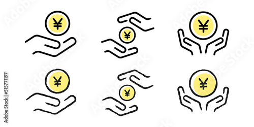 資産運用でお金を手に入れる水彩画風、ラフスケッチのベクターアイコンイラスト素材セット