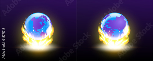 Vector volumetric two hemispheres of the planet Earth, northern and southern, in a bright flame on a dark background. Purple continents