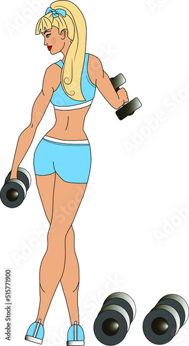 Beautiful blonde girl with dumbbells in the gym. Vector.